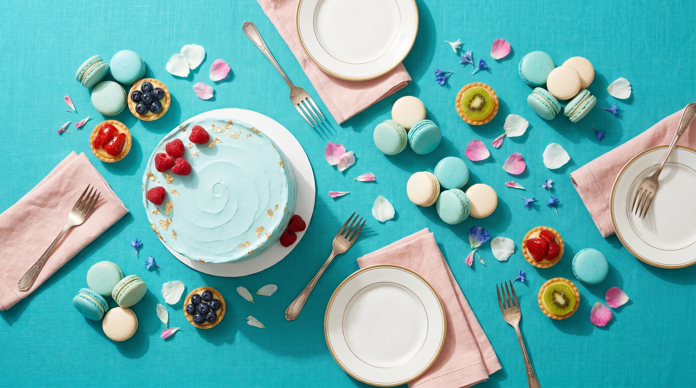 平面構圖蛋糕馬卡龍甜點拼盤俯視圖